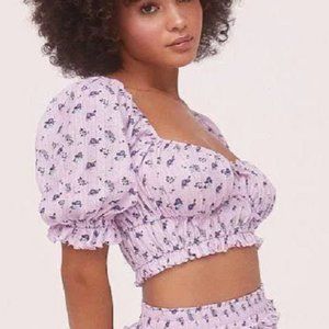 NEW For Love & Lemons Lola Pointelle Crop Top XS Pastel Purple Floral Ruched